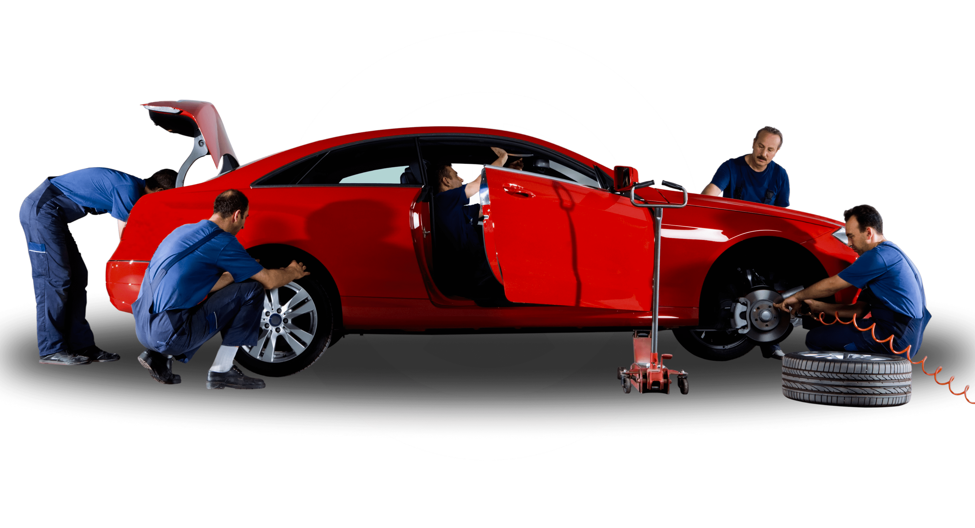 Team repairing red car with open doors.