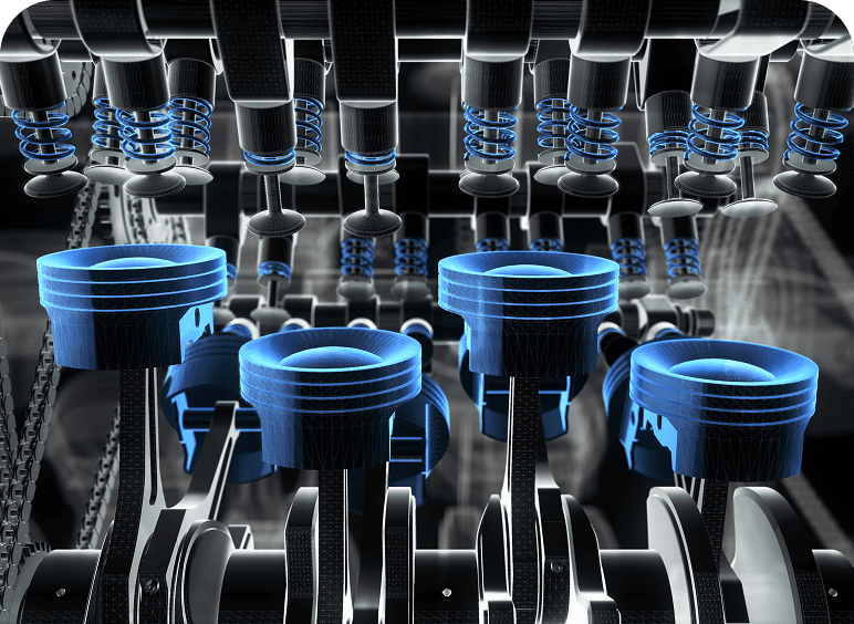 Engine pistons and valves in motion
